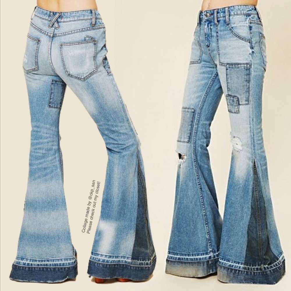 Free People Light Blue Patchwork Flare Jeans - Picture 4 of 16